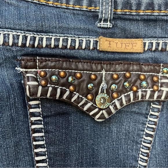 Cowgirl Tuff Co. Womens Heavy Stitch Bootcut Blue Jeans Sz 29 Turquoise Leather - Picture 11 of 12